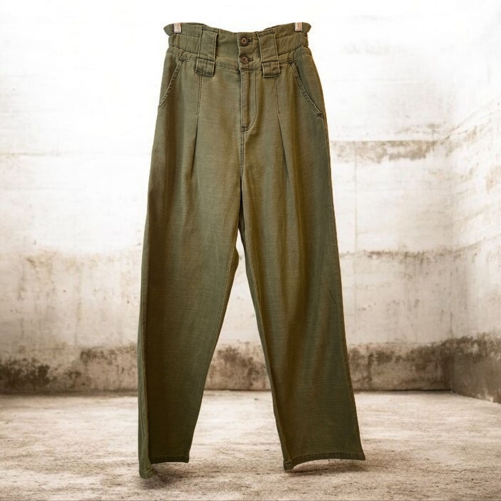 FREE PEOPLE One Way High Waist Cargo Army Olive Pleated Pants Size 2 - Picture 2 of 16